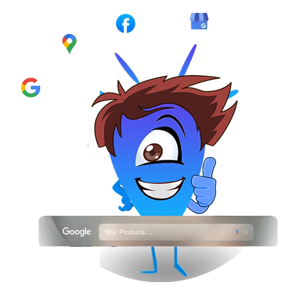 Diseñador web en oficina con logos de redes sociales y Google