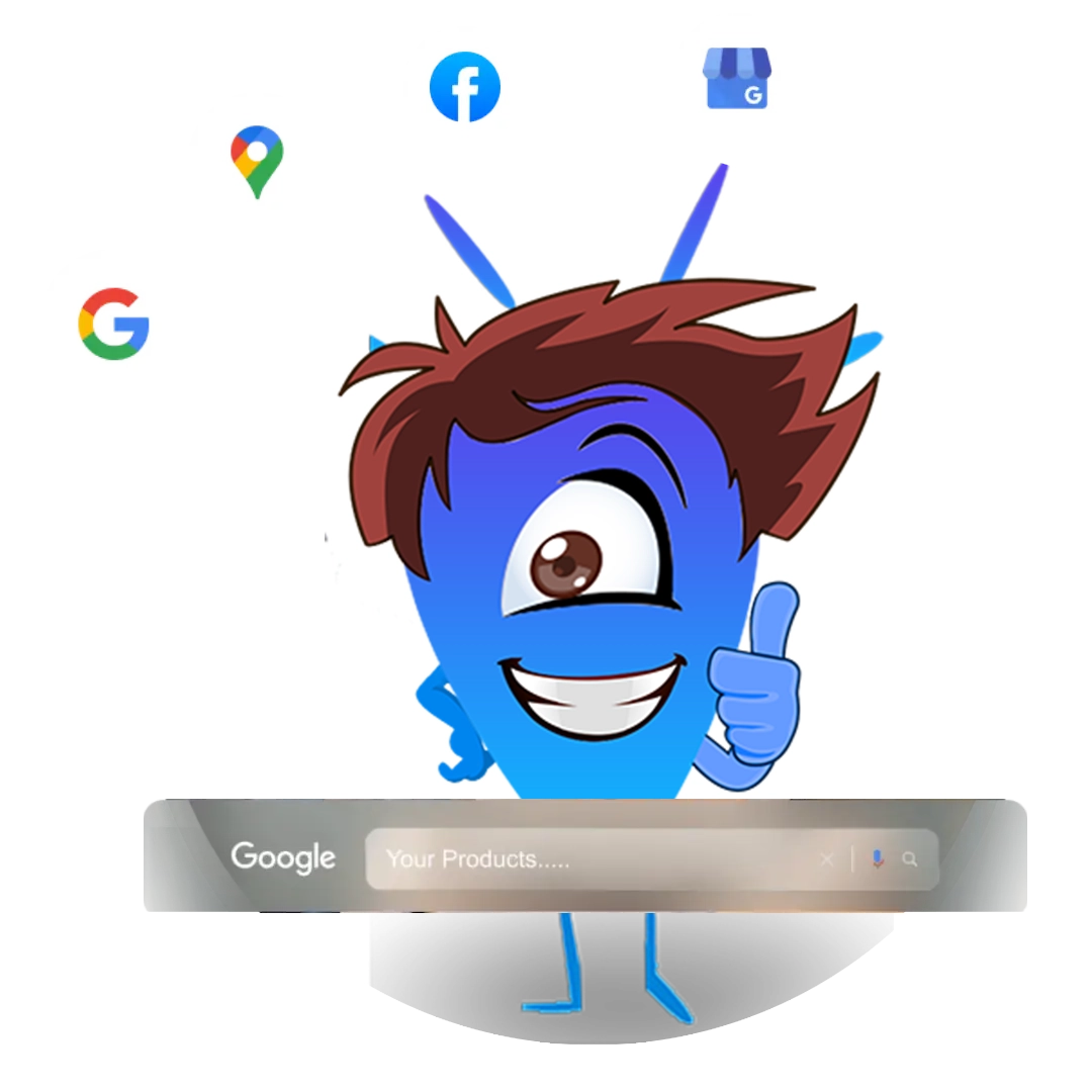 Diseñador web en su oficina con logos de redes sociales y google